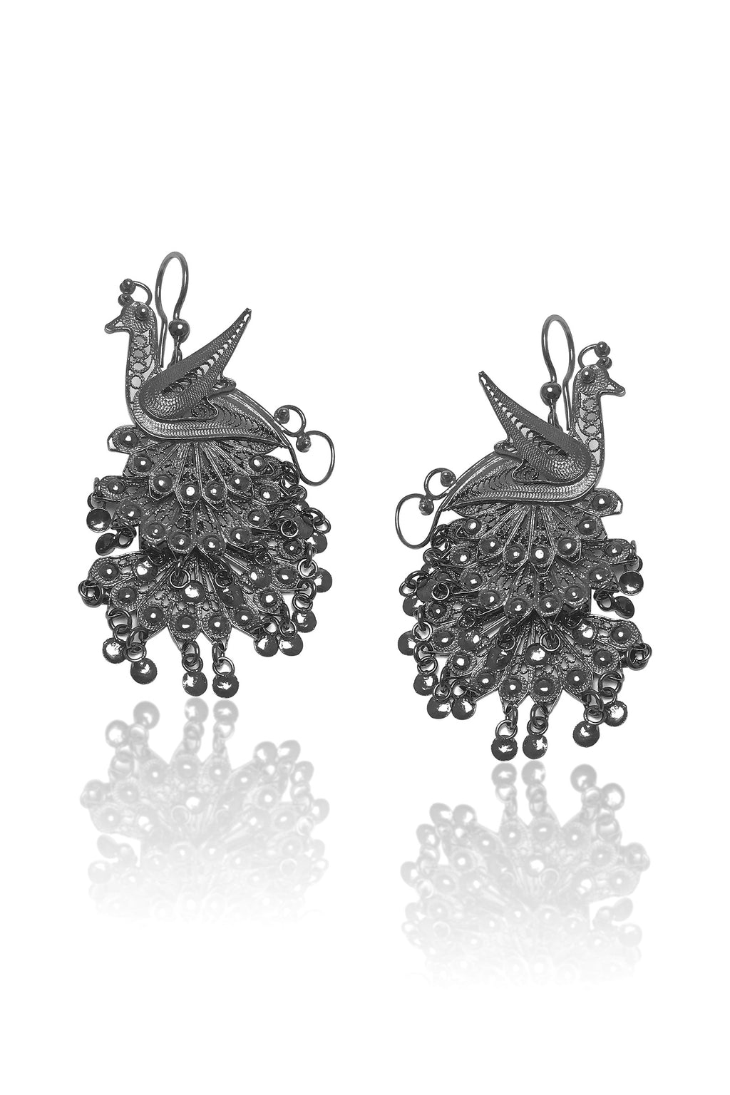 Peacocks Model Oxidized Filigree Silver Earrings (NG201017369)