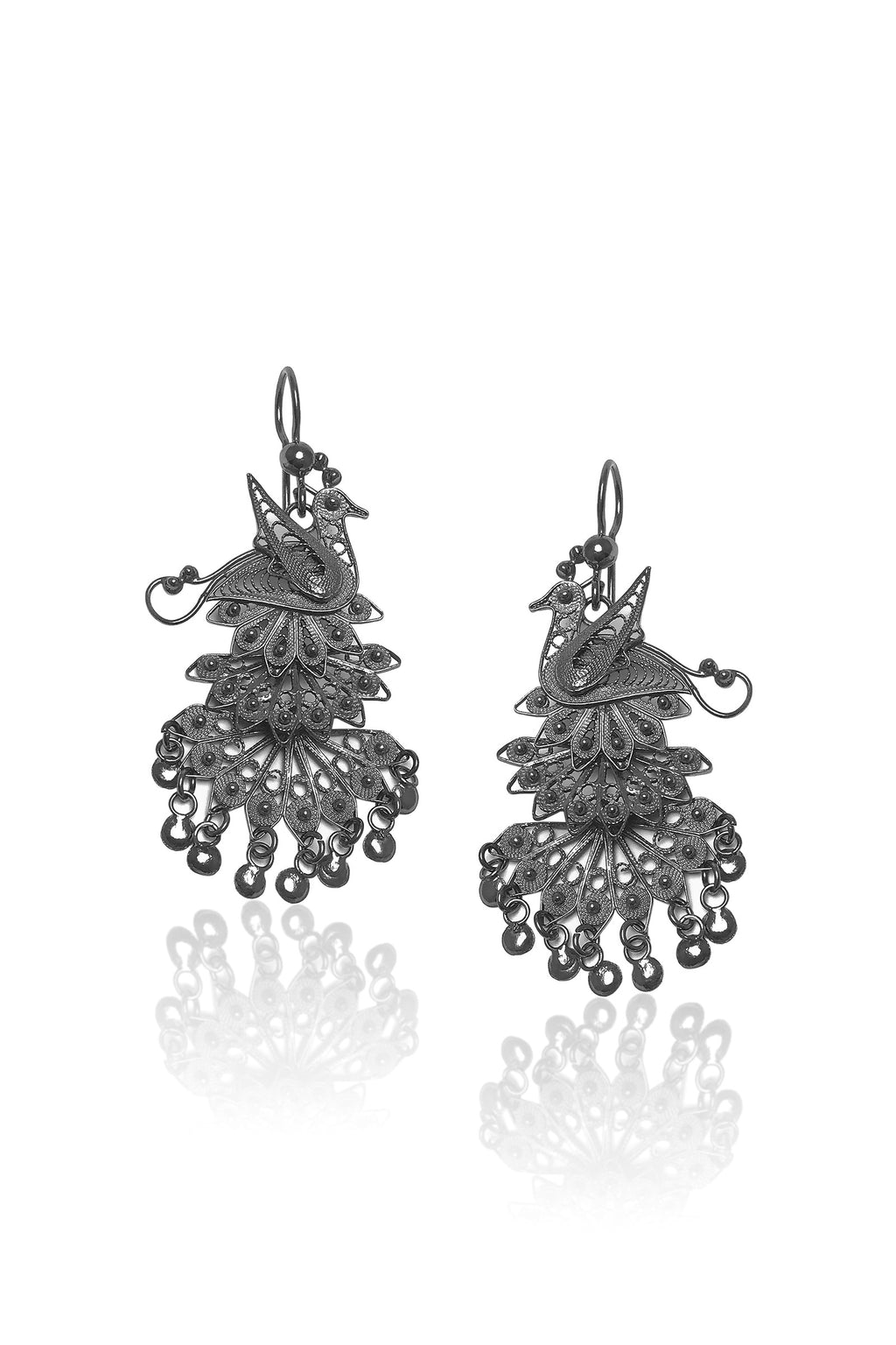Peacocks Model Oxidized Filigree Silver Earrings (NG201017370)