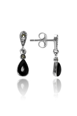 Drop Model Silver Earrings With Onyx and Marcasite (NG201017990)