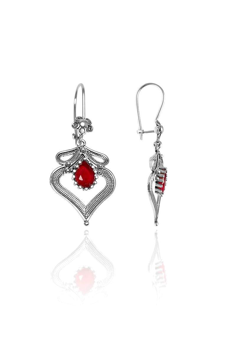 Heart Model Filigree Handmade Silver Earrings With Ruby (NG201019166)