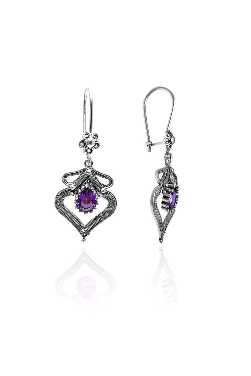 Heart Model Filigree Handmade Silver Earrings With Amethyst (NG201019167)