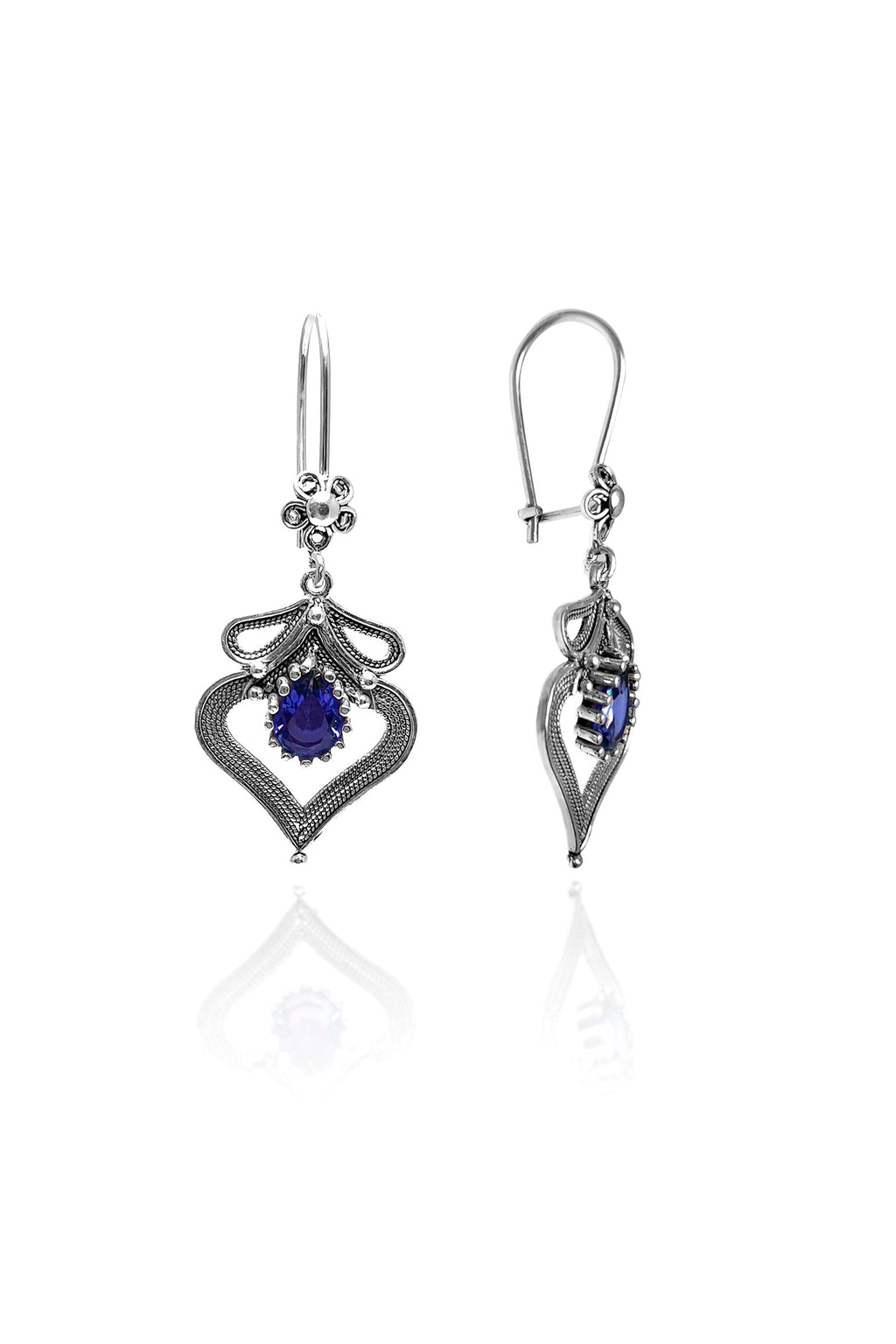 Heart Model Filigree Handmade Silver Earrings With Sapphire (NG201019168)