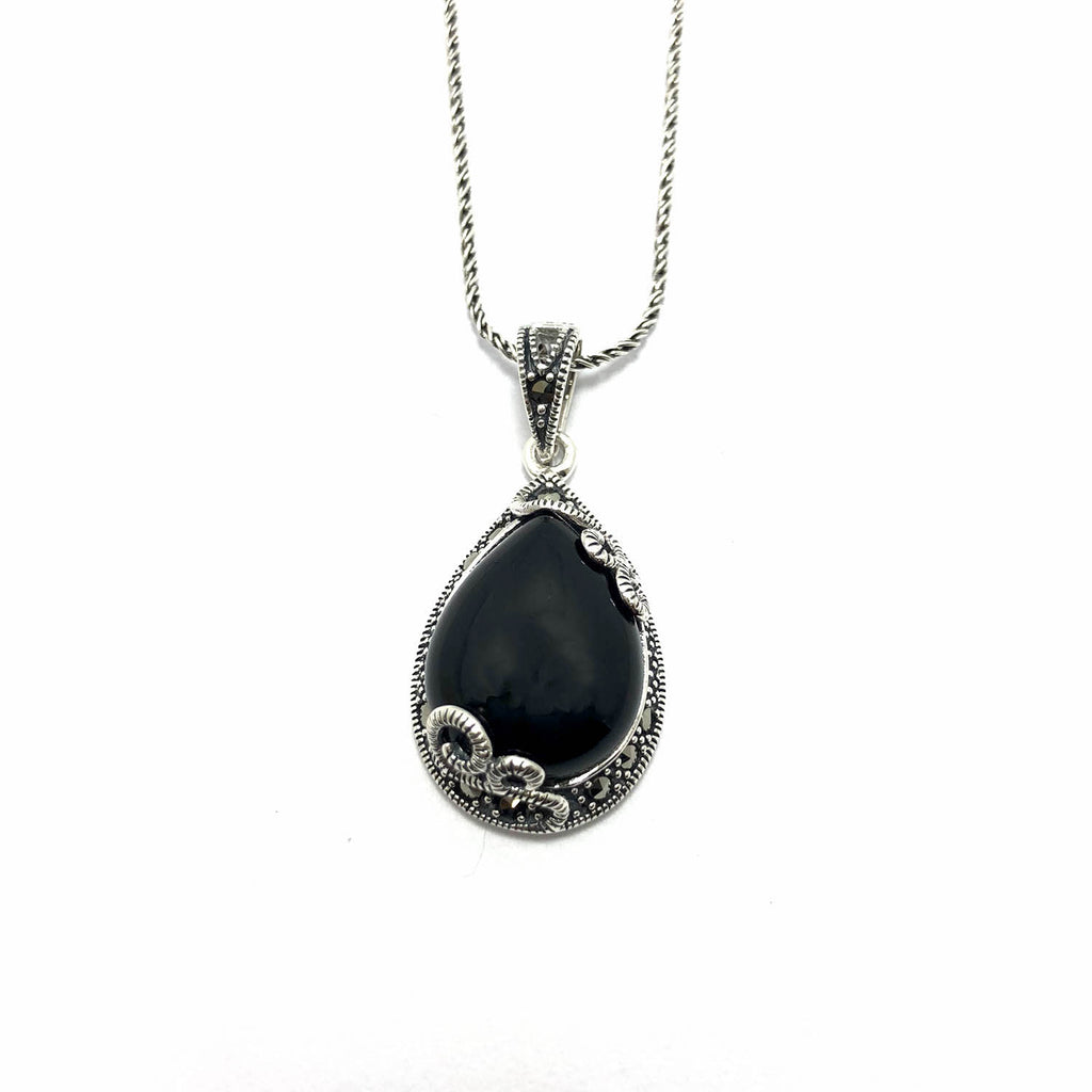 Drop Model Silver Necklace With Onyx and Marcasite (NG201011123)