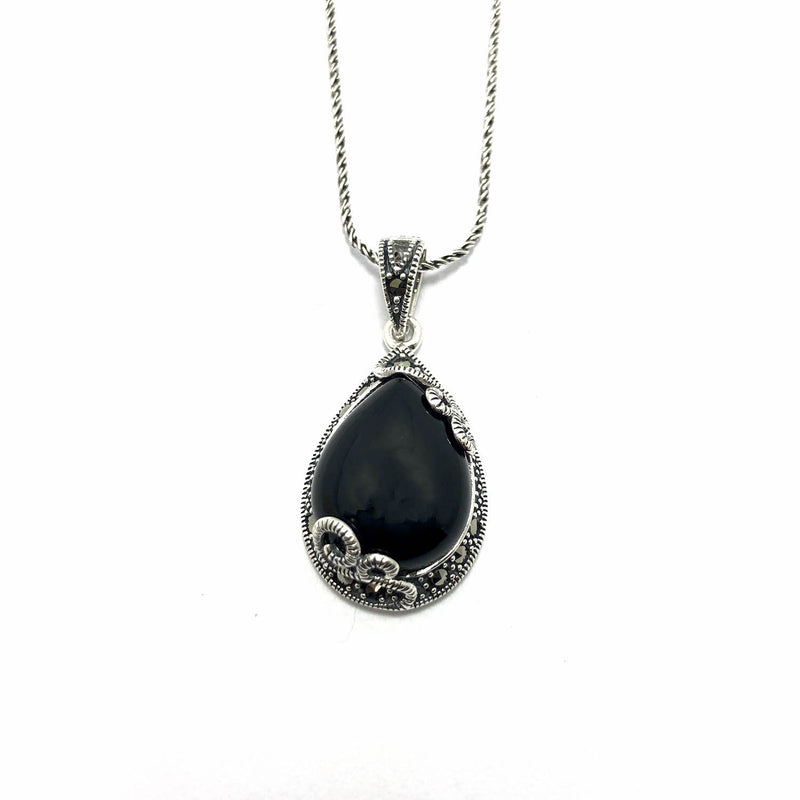 Drop Model Silver Necklace With Onyx and Marcasite (NG201011123)