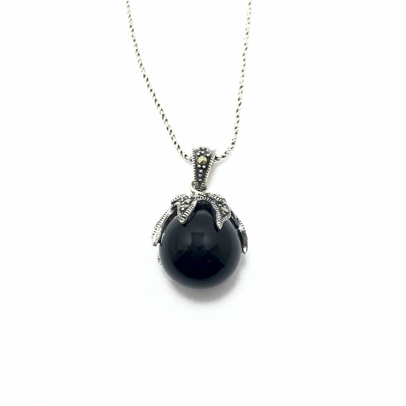 Ball Model Silver Necklace With Onyx and Marcasite (NG201011132)