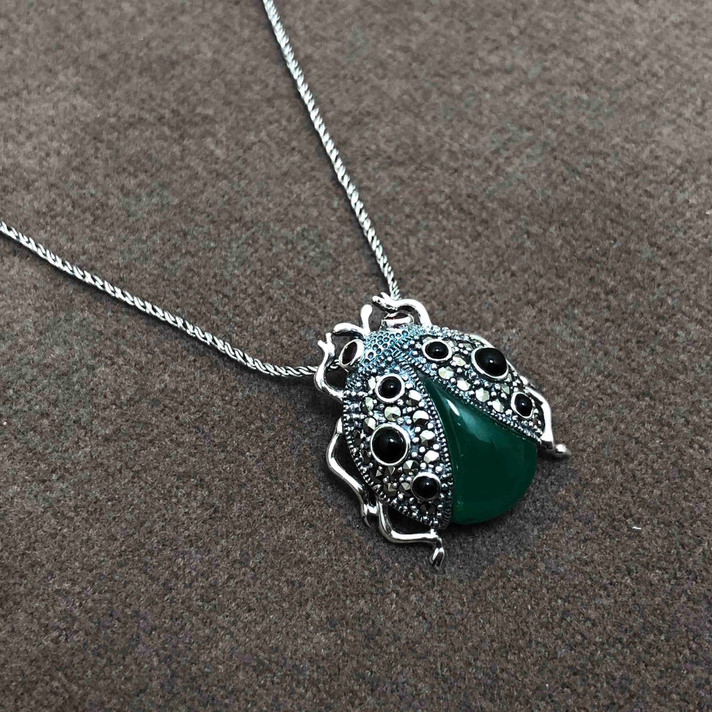 Authentic Handmade Silver Necklace With Emerald and Marcasite (NG201021151)