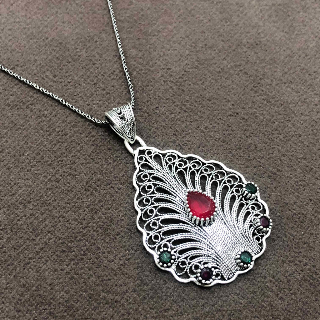 Drop Model Filigree Silver Necklace With Ruby and Emerald (NG201013424)