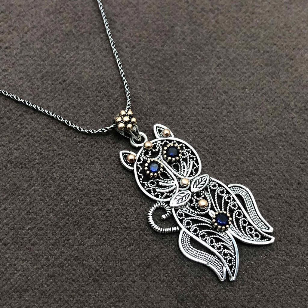 Cat Model Handmade Filigree Silver Necklace With Sapphire (NG201013427)