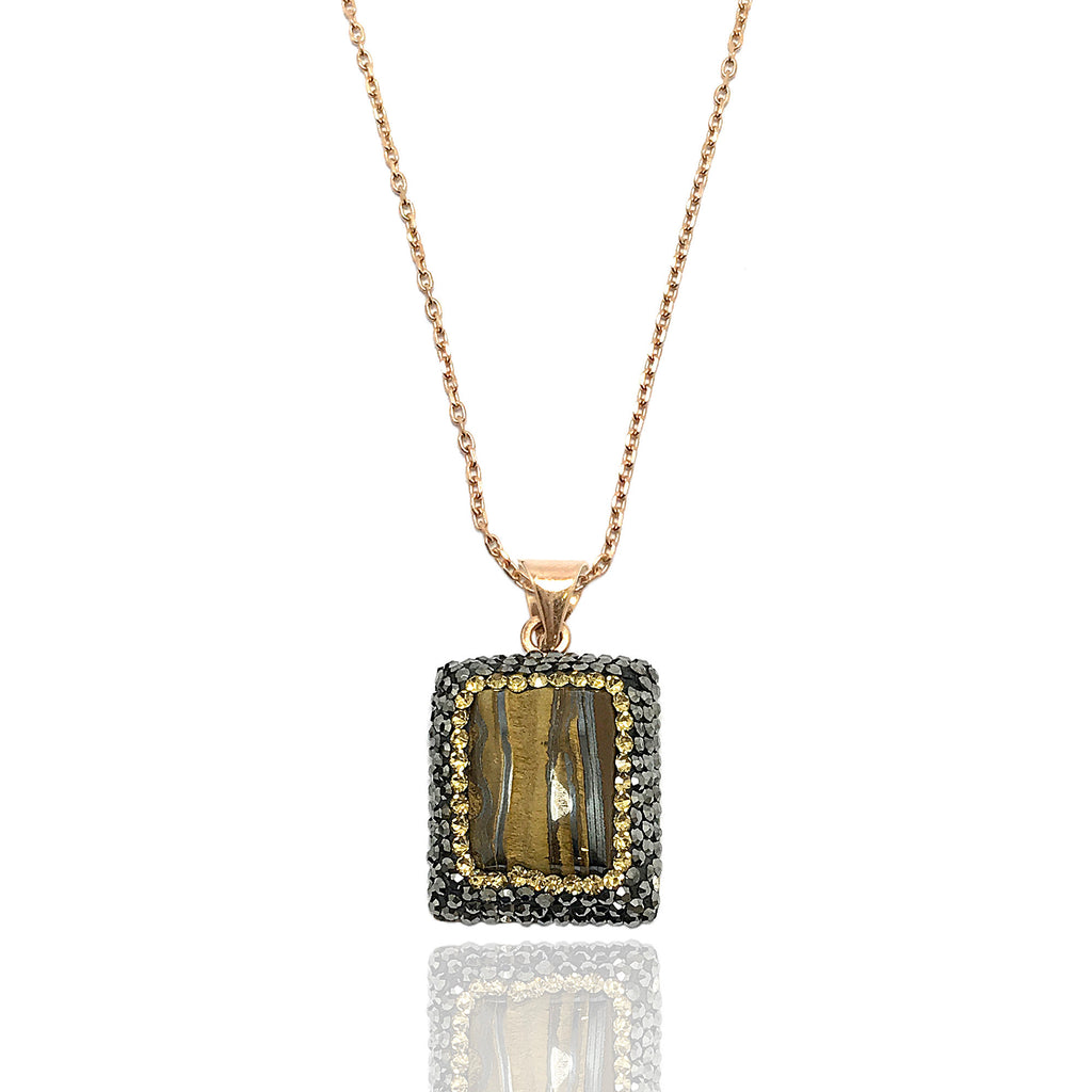 Square Model Silver Necklace With Tiger's Eye and Swarovski (NG201014256)