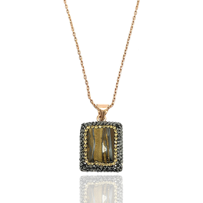 Square Model Silver Necklace With Tiger's Eye and Swarovski (NG201014256)