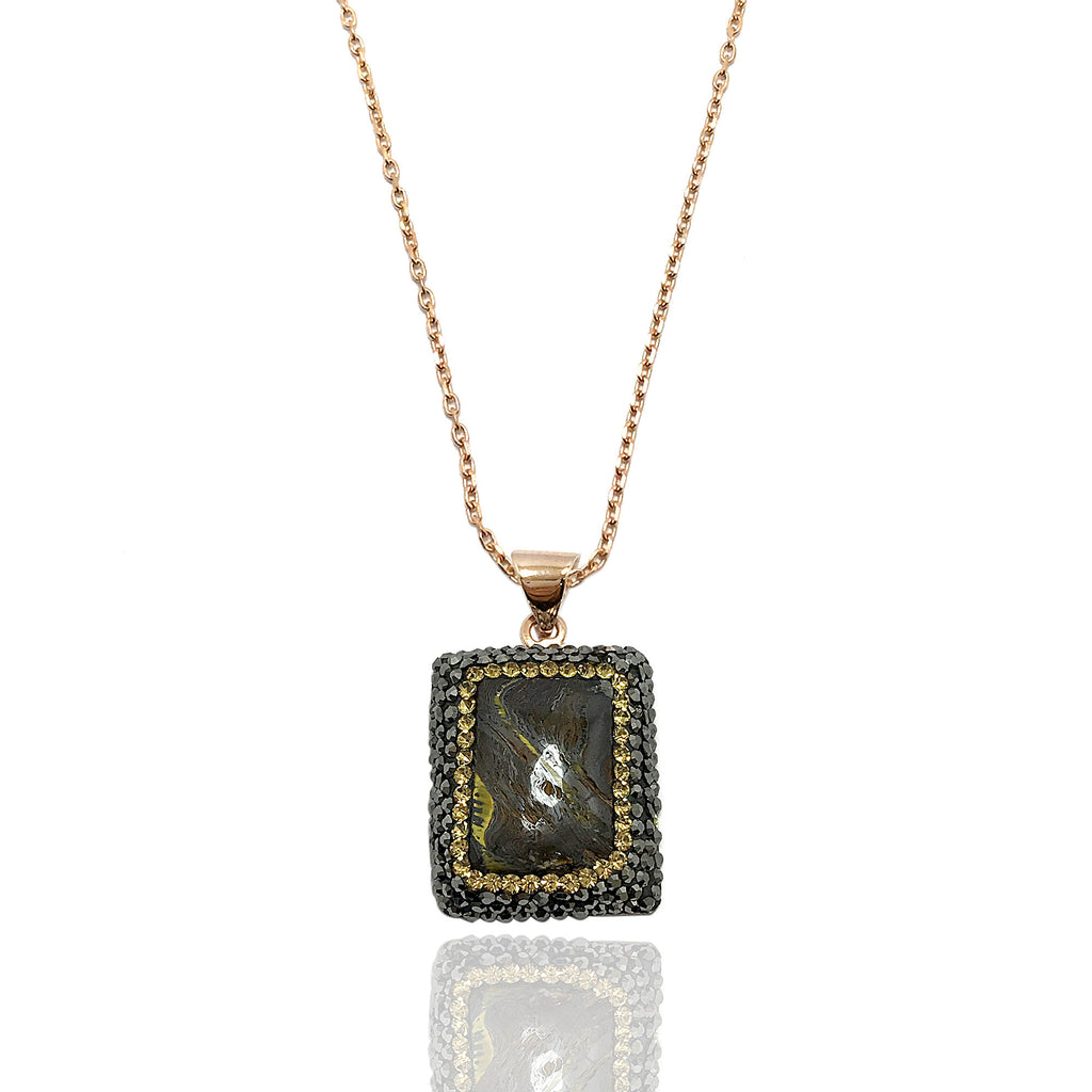 Square Model Silver Necklace With Tiger's Eye and Swarovski (NG201014257)