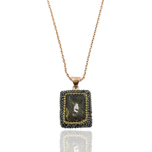 Square Model Silver Necklace With Tiger's Eye and Swarovski (NG201014257)