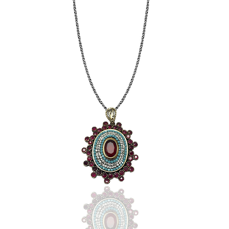 Authentic Silver Necklace With Ruby and Turquoise (NG201016265)
