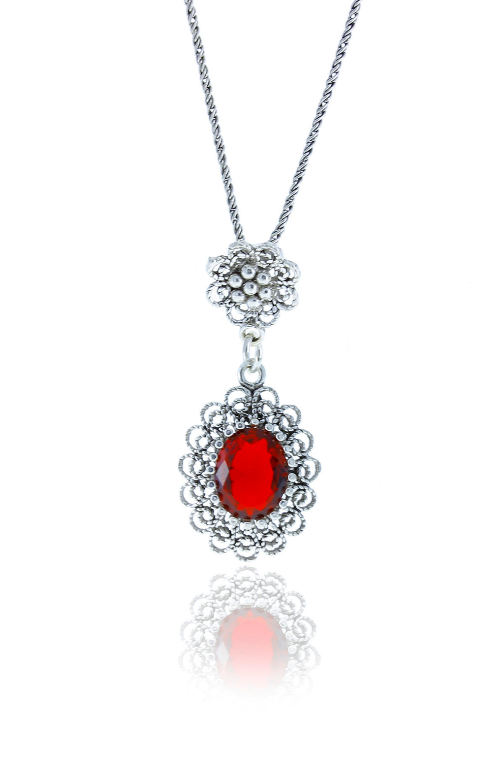 Drop Model Authentic Filigree Silver Necklace With Ruby (NG201017527)