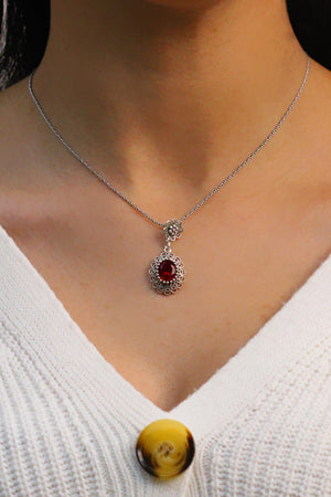 Drop Model Authentic Filigree Silver Necklace With Ruby (NG201017527)