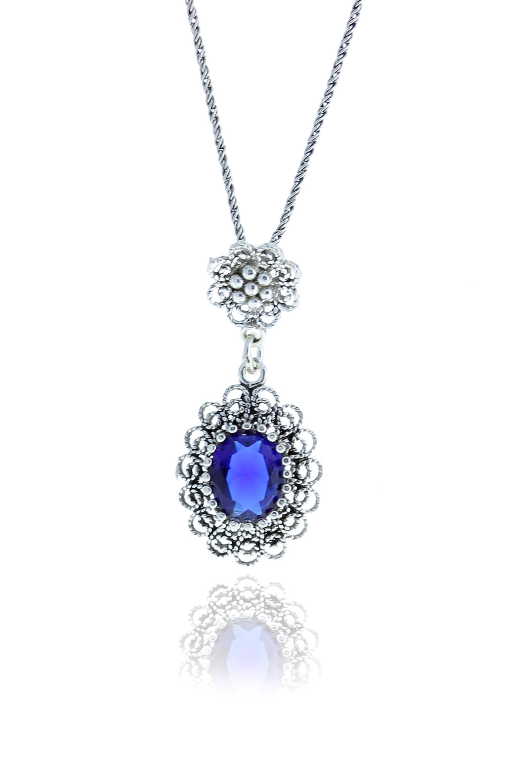 Drop Model Authentic Filigree Silver Necklace With Sapphire (NG201017529)