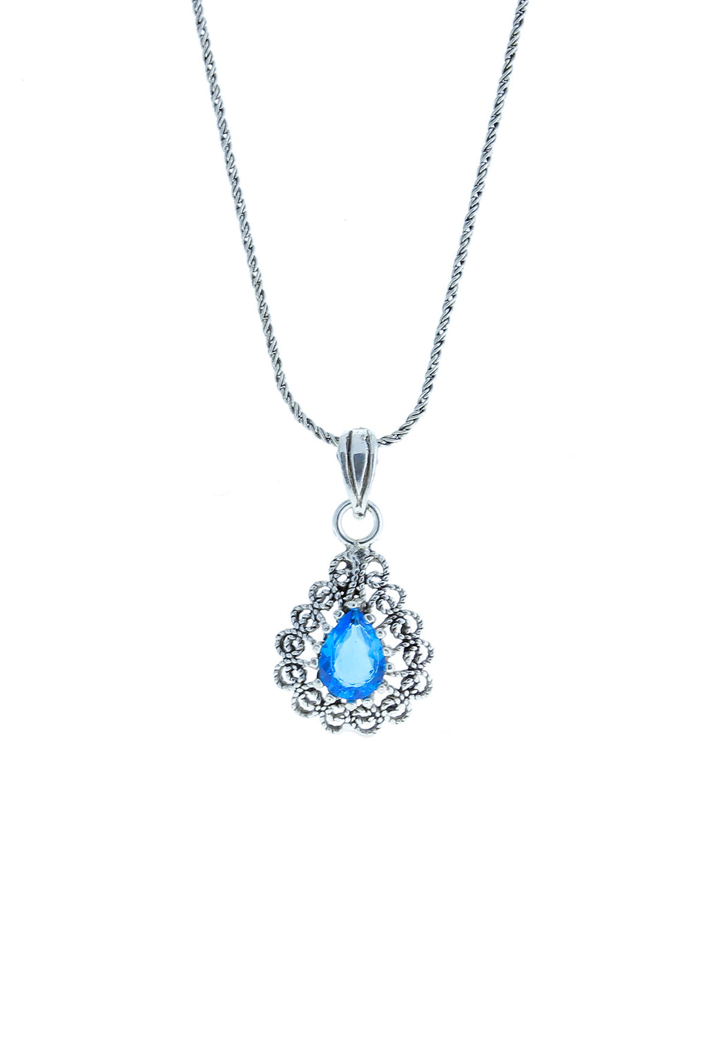 Drop Model Authentic Filigree Silver Necklace With Aquamarine (NG201017531)