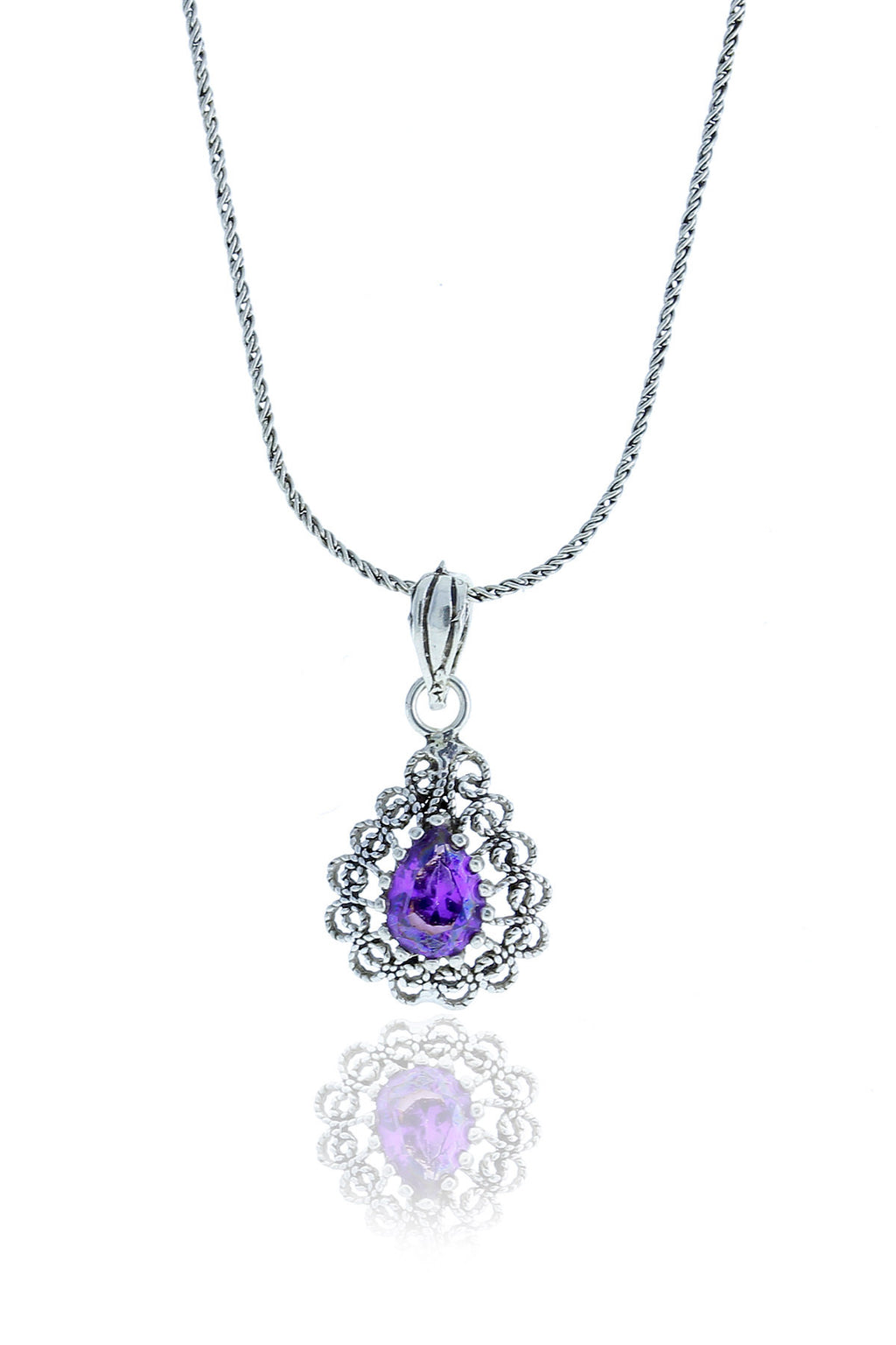 Drop Model Authentic Filigree Silver Necklace With Amethyst (NG201017532)