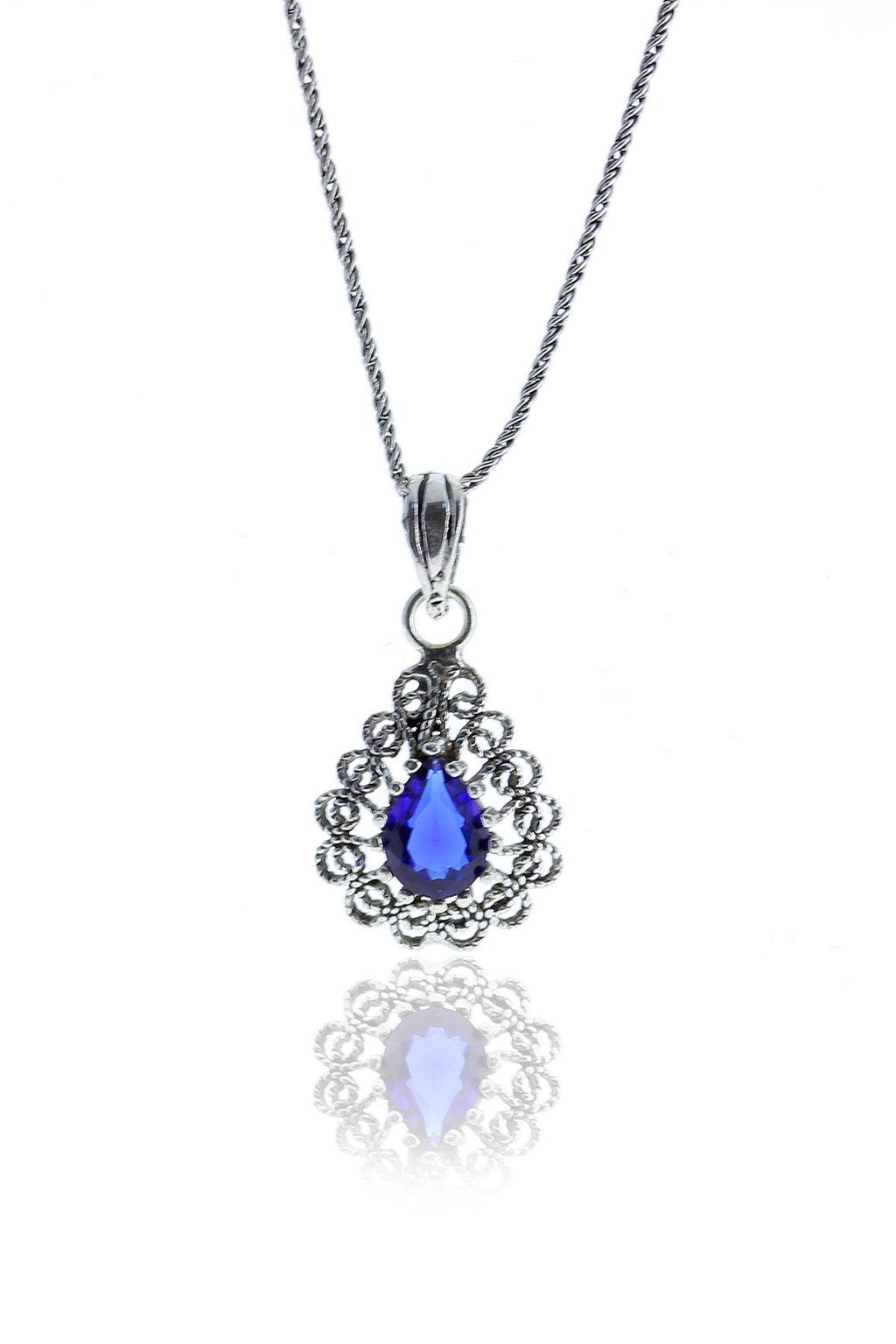 Drop Model Authentic Filigree Silver Necklace With Sapphire (NG201017533)