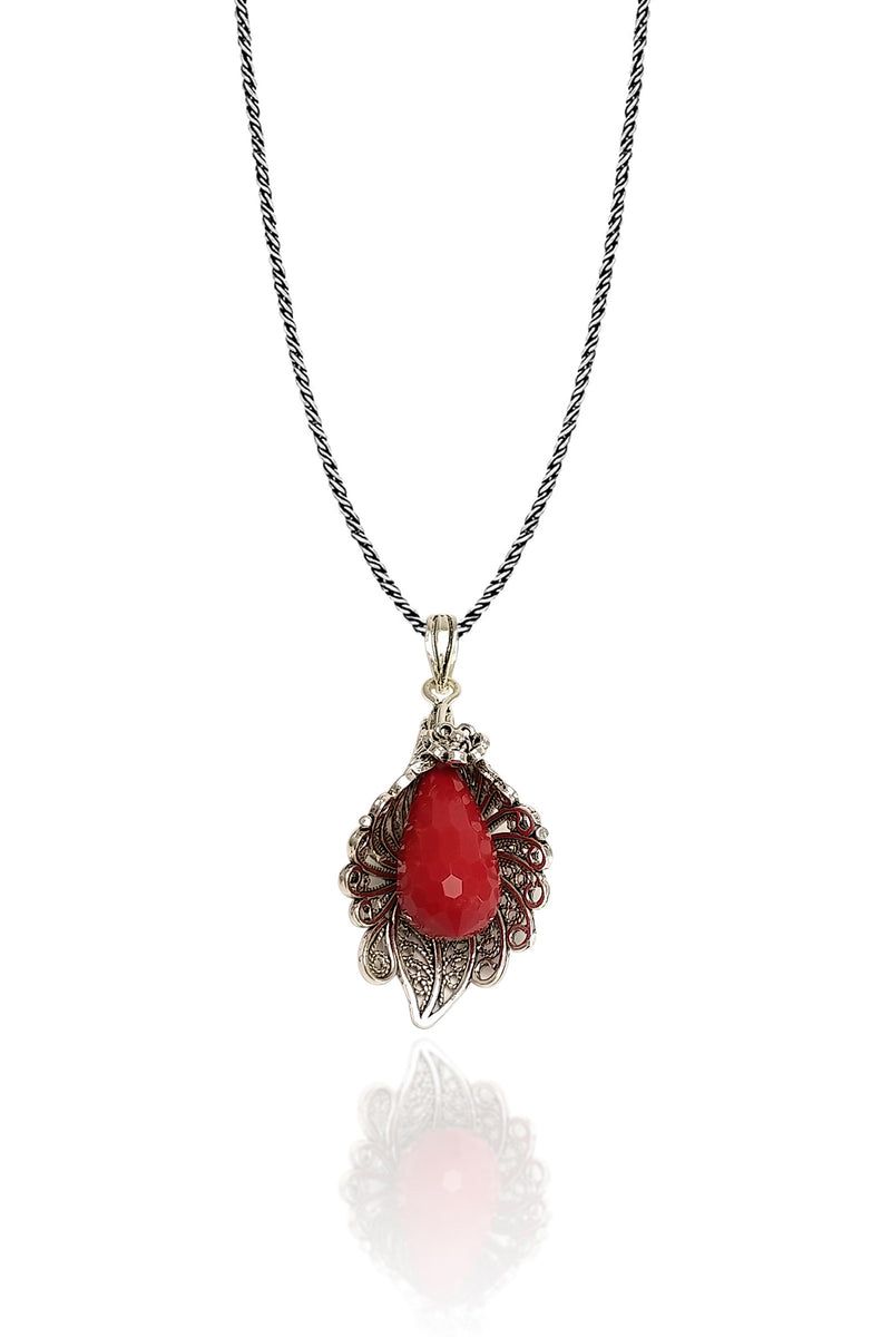 Lily Model Authentic Filigree Silver Necklace With Coral (NG201018265)