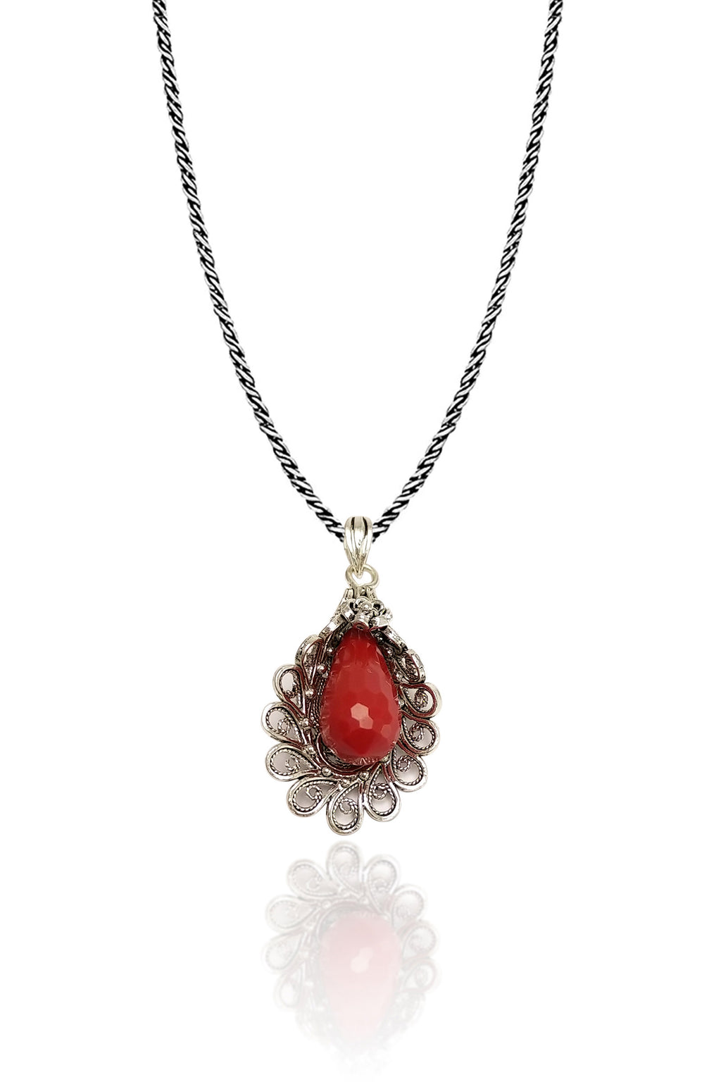 Lily Model Authentic Filigree Silver Necklace With Coral (NG201018266)