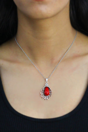 Lily Model Authentic Filigree Silver Necklace With Coral (NG201018266)