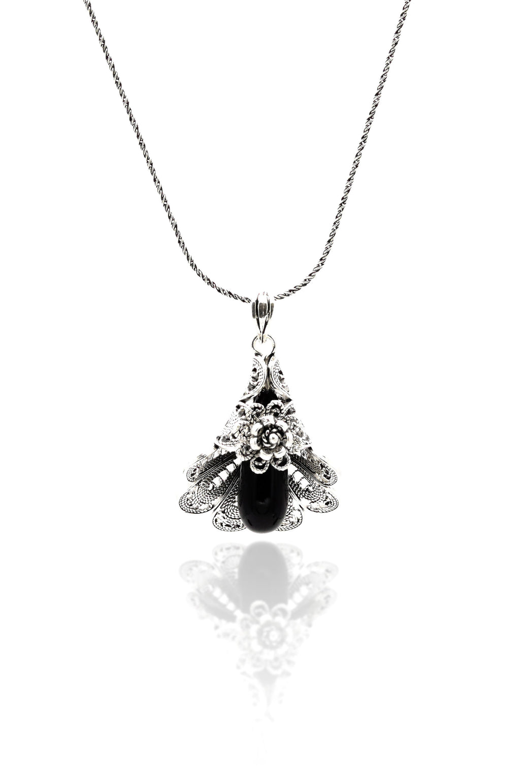 Lily Model Authentic Filigree Silver Necklace With Black Zircon (NG201019391)