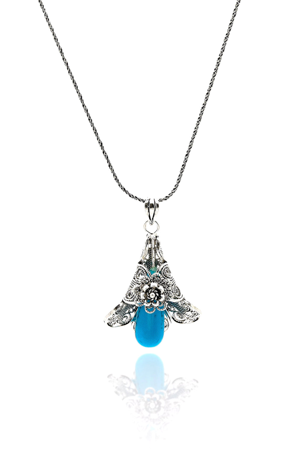 Lily Model Authentic Filigree Silver Necklace With Turquoise (NG201019392)