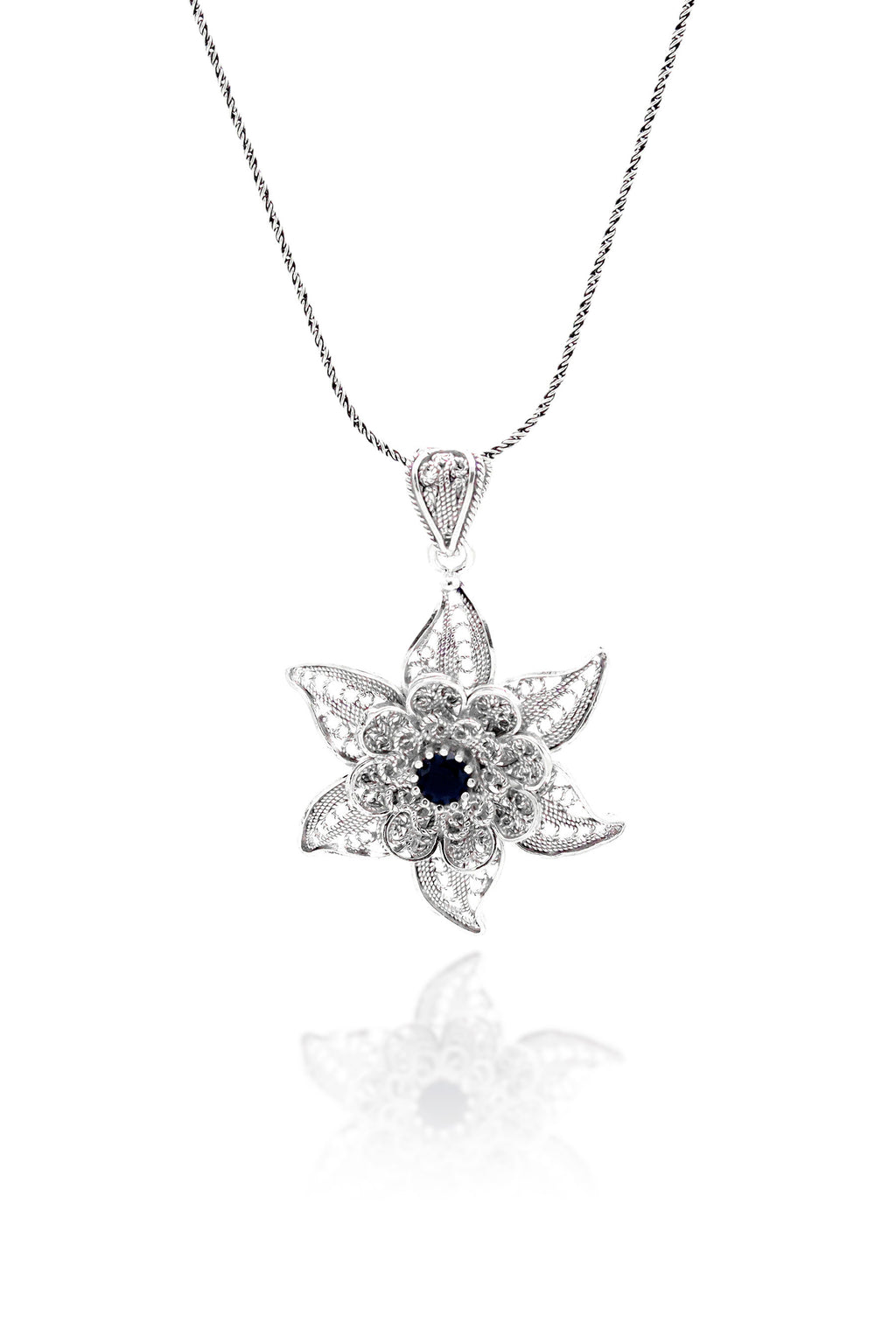Floral Model Authentic Filigree Silver Necklace With Sapphire (NG201019403)