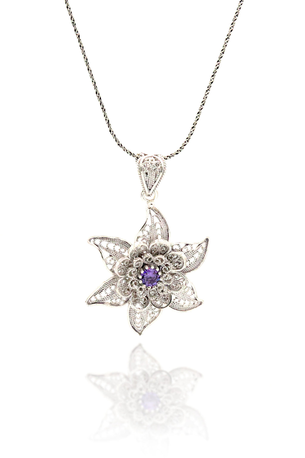 Floral Model Authentic Filigree Silver Necklace With Amethyst (NG201019405)