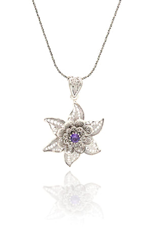 Floral Model Authentic Filigree Silver Necklace With Amethyst (NG201019405)