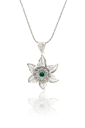 Floral Model Authentic Filigree Silver Necklace With Emerald (NG201019406)