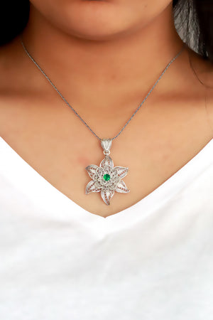 Floral Model Authentic Filigree Silver Necklace With Emerald (NG201019406)