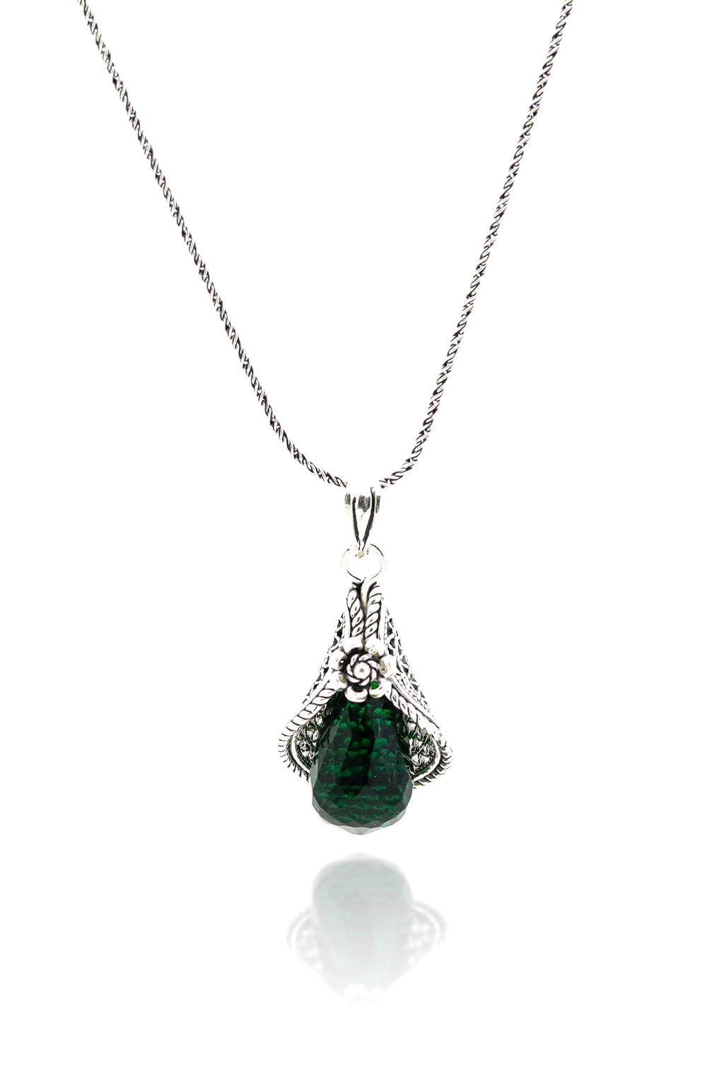 Lily Model Authentic Filigree Silver Necklace With Emerald (NG201019413)