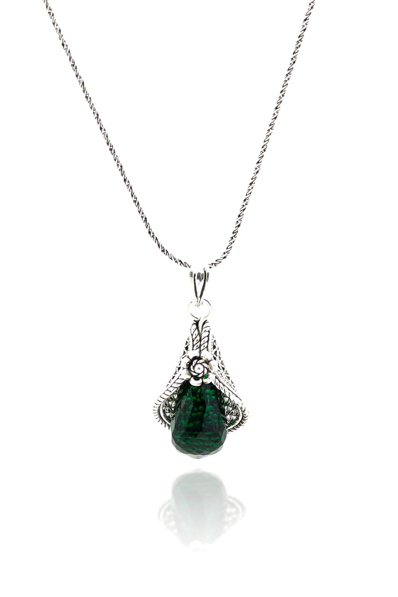 Lily Model Authentic Filigree Silver Necklace With Emerald (NG201019413)