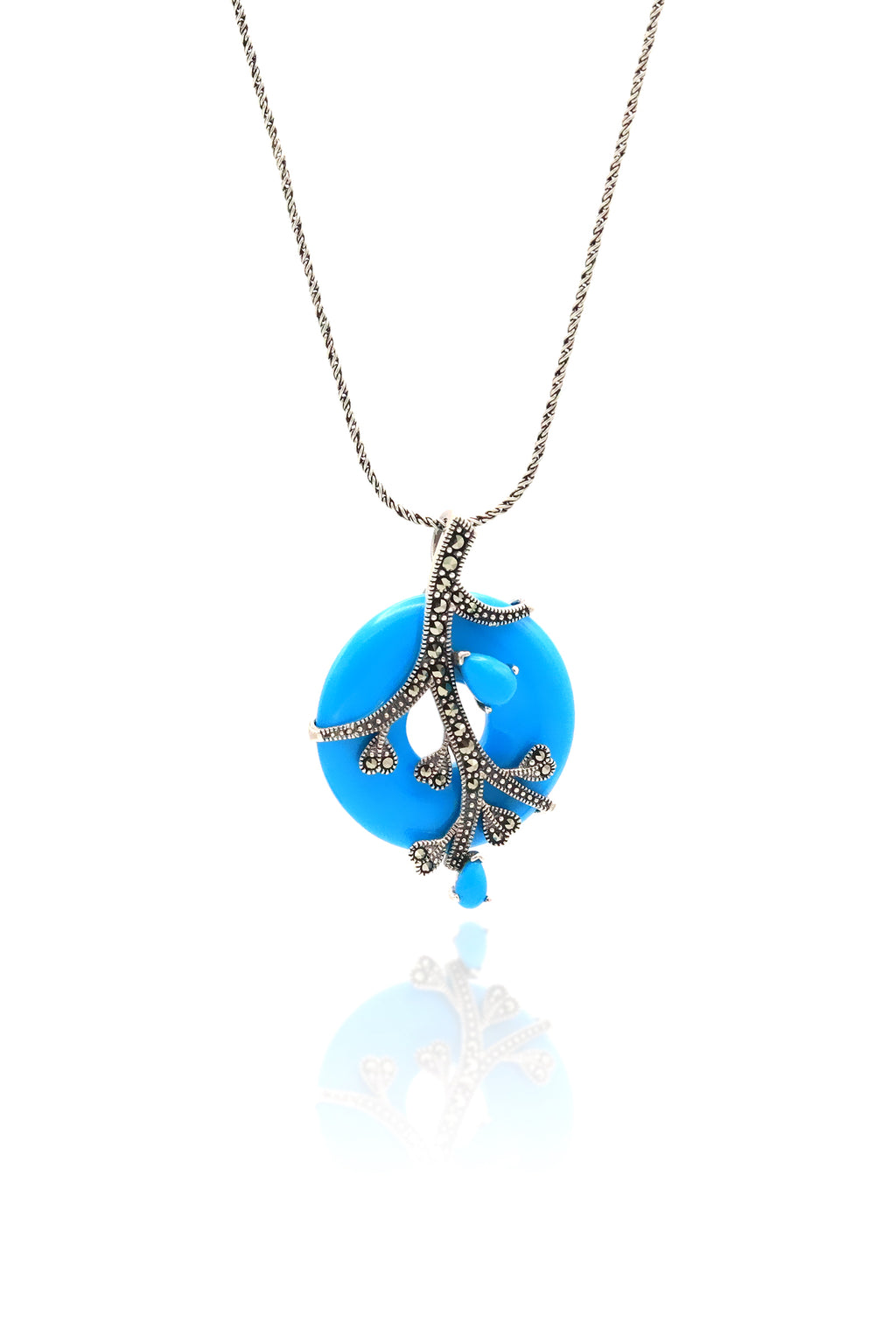 Round Model Silver Necklace With Turquoise and Marcasite (NG201019577)
