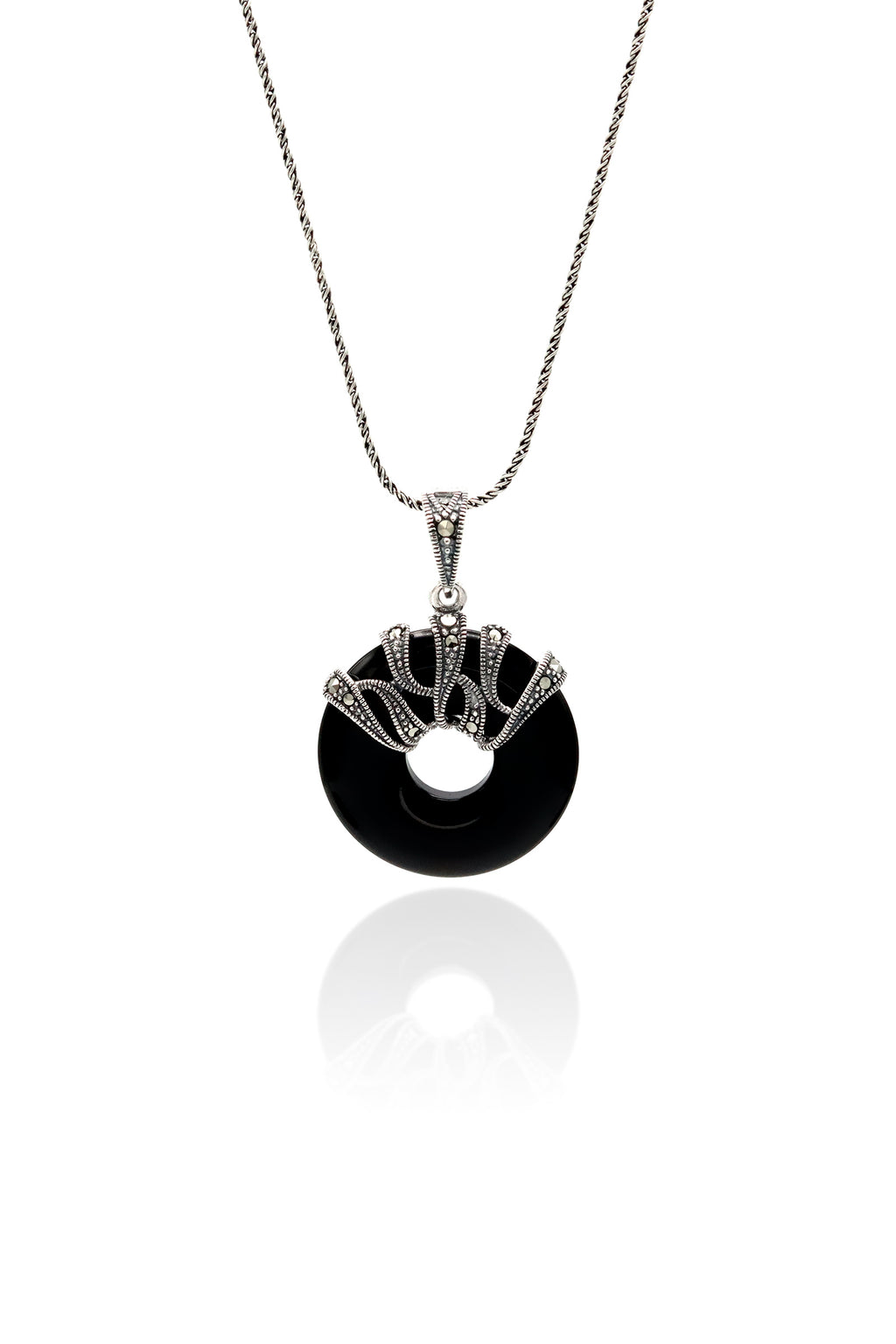Round Model Silver Necklace With Onyx and Marcasite (NG201019653)