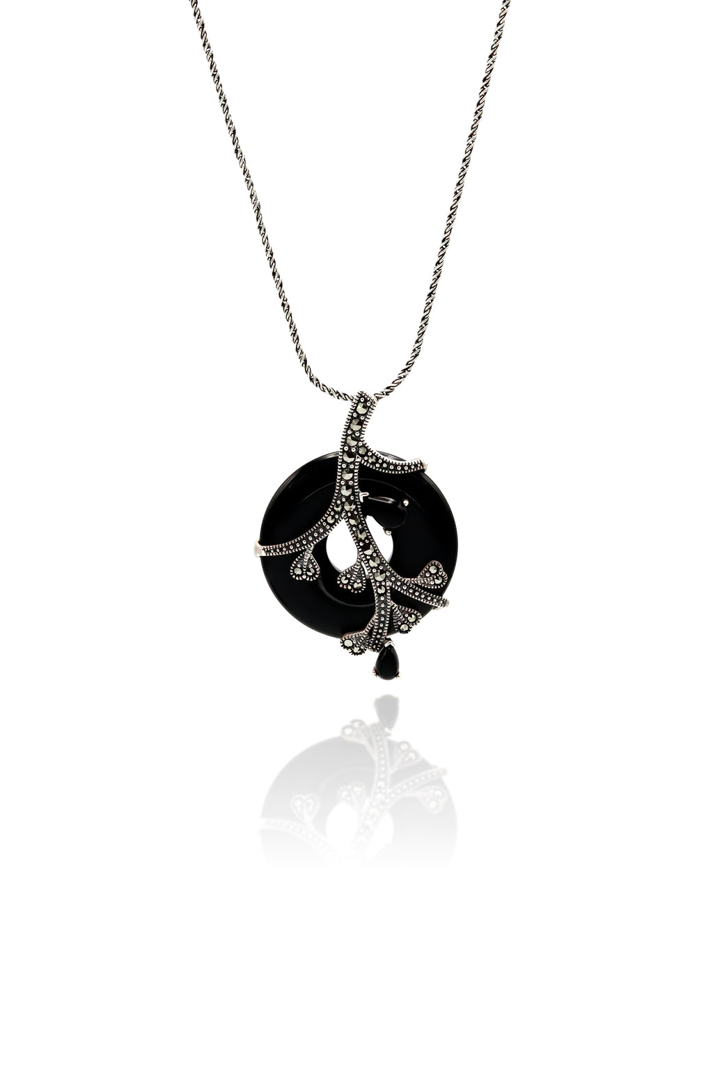 Round Model Silver Necklace With Onyx and Marcasite (NG201019654)