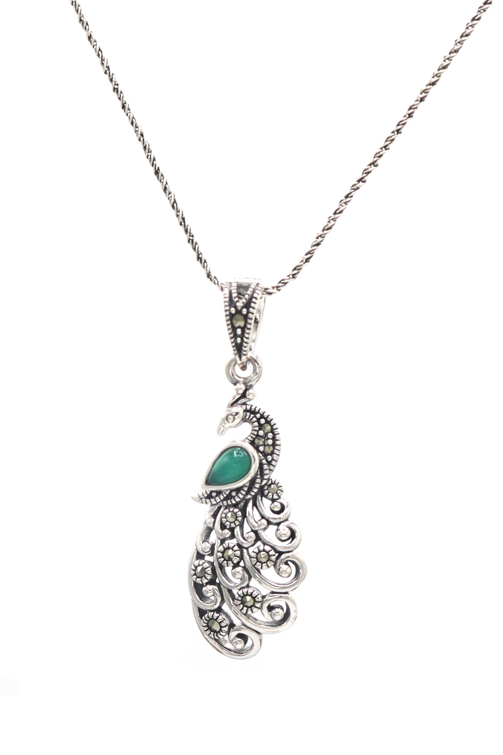 Peacocks Model Handmade Silver Necklace With Emerald (NG201021592)