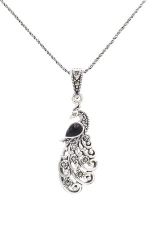 Peacocks Model Handmade Silver Necklace With Onyx (NG201021593)