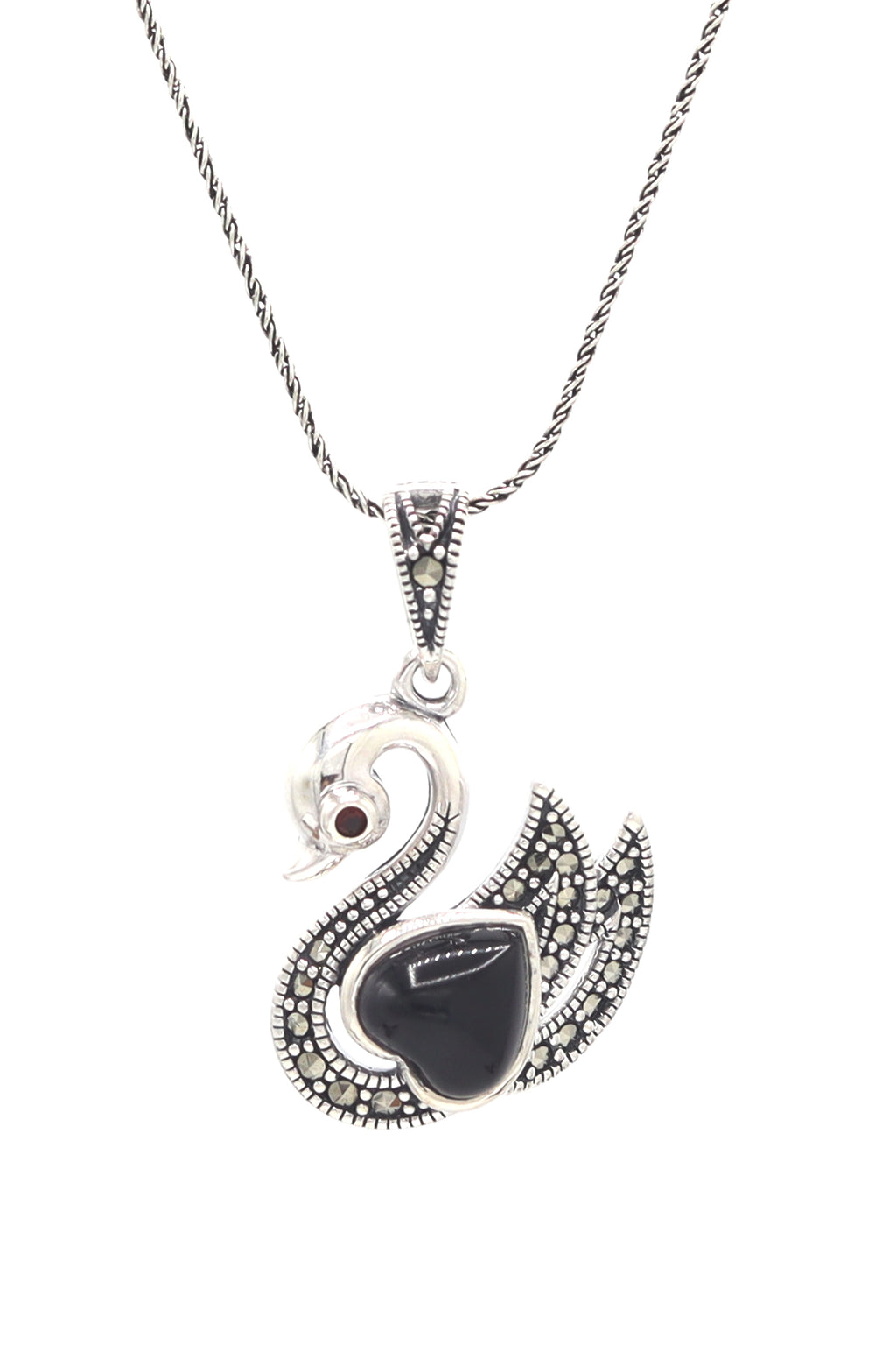 Swan Model Handmade Silver Necklace With Onyx (NG201021604)