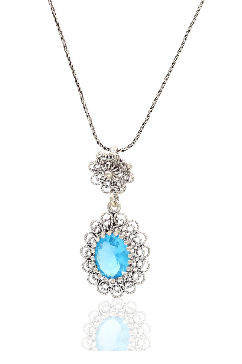 Ellipse Model Authentic Filigree Silver Necklace With Aquamarine (NG201021957)