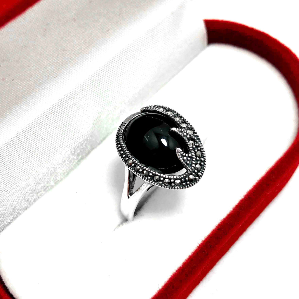 Authentic Silver Ring With Onyx and Marcasite (NG201012289)