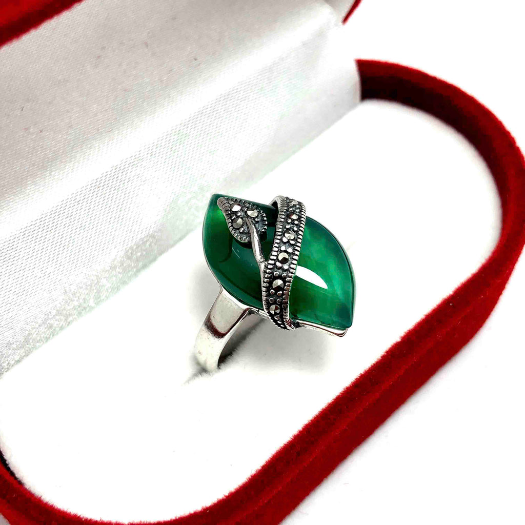 Authentic Silver Ring With Emerald and Marcasite (NG201012316)