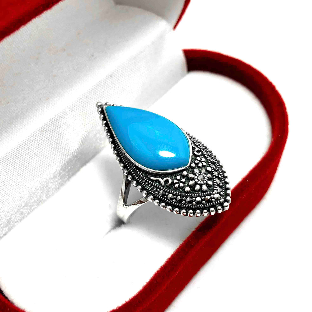 Drop Model Silver Ring With Turquoise and Marcasite (NG201012326)