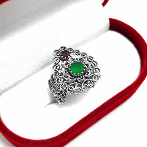 Drop Model Filigree Silver Ring With Emerald and Ruby (NG201013559)