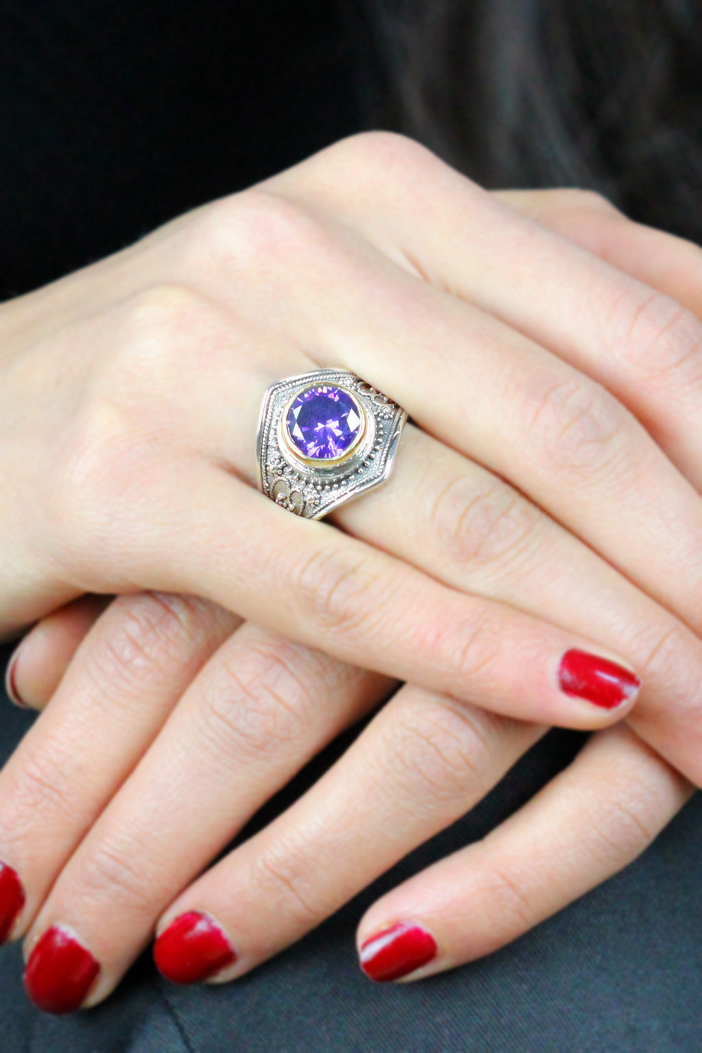 Authentic Adjustable Handmade Silver Ring With Amethyst (NG201014995)