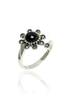 Floral Model Silver Ring With Onyx and Marcasite (NG201017970)