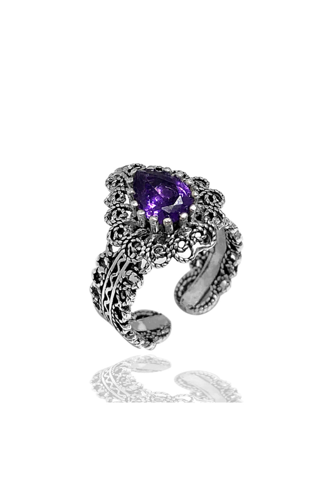 Drop Model Filigree Silver Ring With Amethyst (NG201018013)