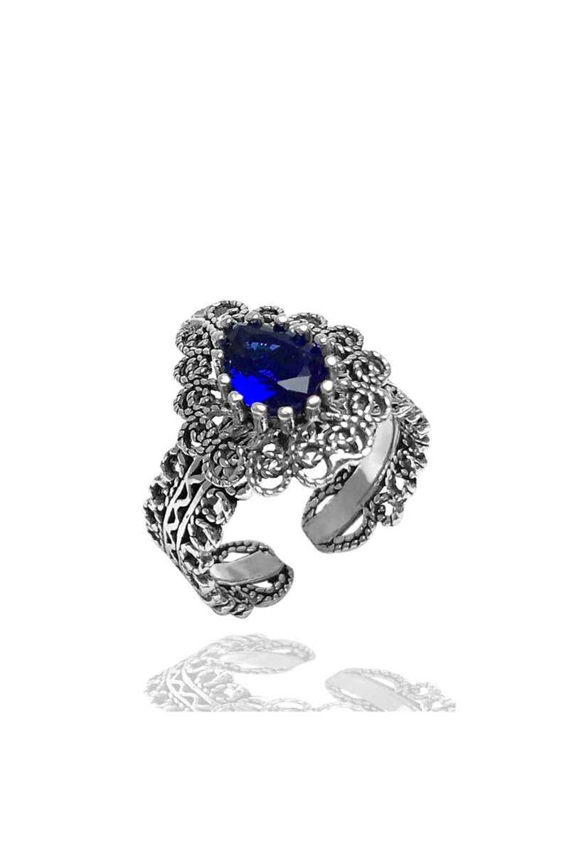 Drop Model Filigree Silver Ring With Sapphire (NG201018015)